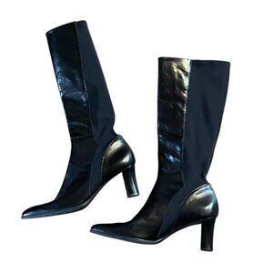 Michelle D Womens Knee High Pull On Boots Black Leather Stretch Panel Sz 8